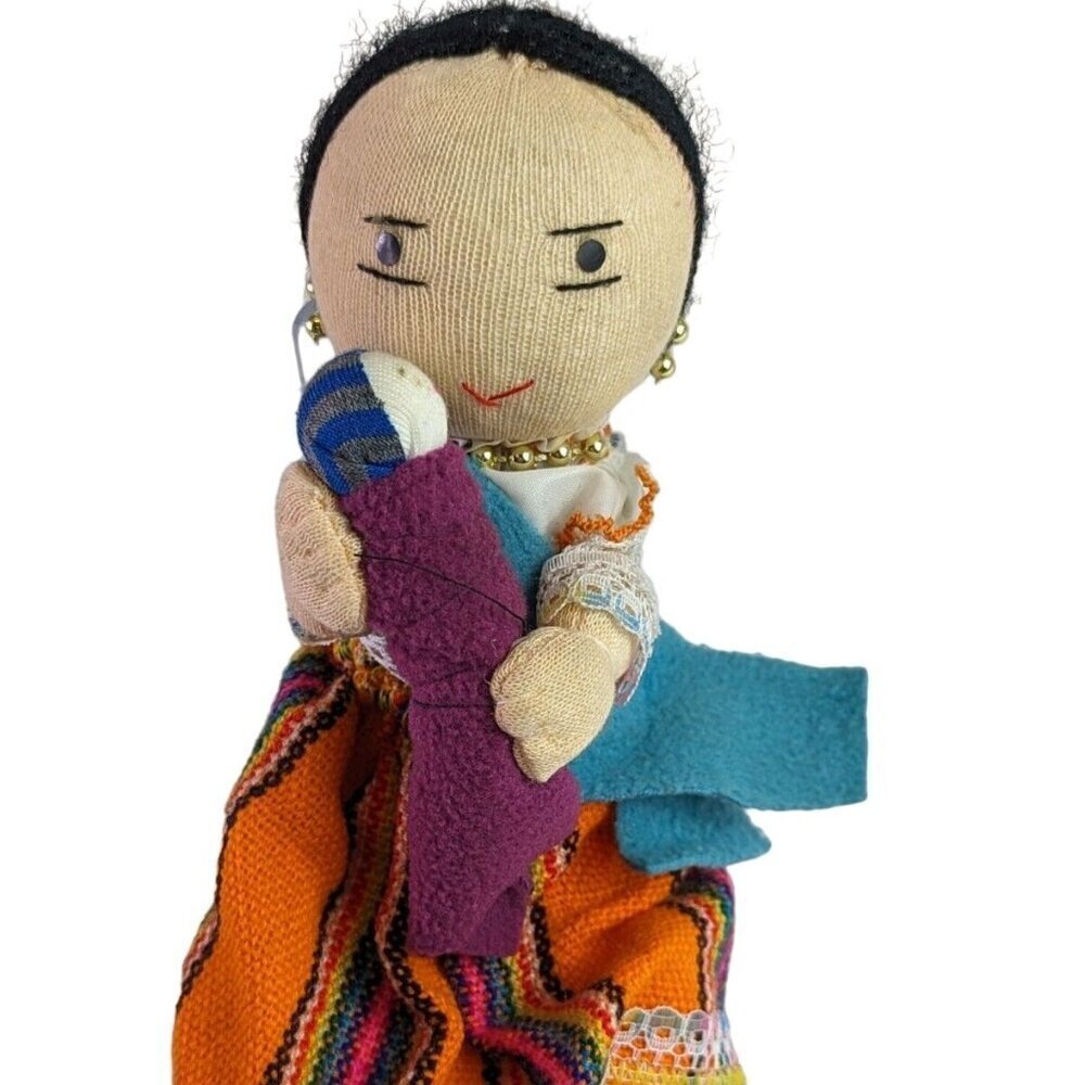 Handmade Peruvian Artisan Cloth Doll With Baby 8" Dolly Colorful Clothing
